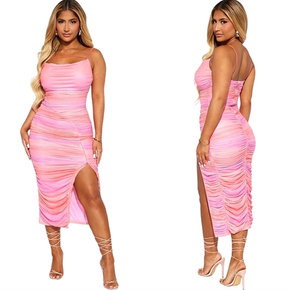 Fashion Nova Zip-Up Pink Mesh Midi Dress - Picture 1 of 6